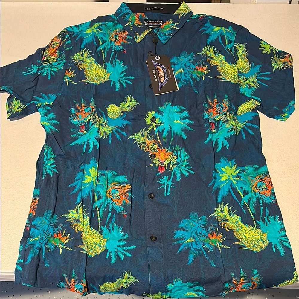 Blue and Green Casual Button Down Shirt with Tropical Print